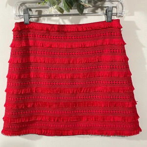 NWOT J. Crew Red Tiered Fringe Exposed Zipper Mini Skirt 0P
